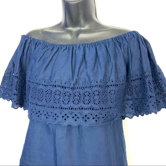 ASOS Navy Eyelet Off Shoulder Cotton/Linen Dress - Picture 7 of 7